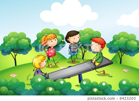 Four kids playing with the seesaw at the hill Four kids playing with the seesaw at the hill 8423203