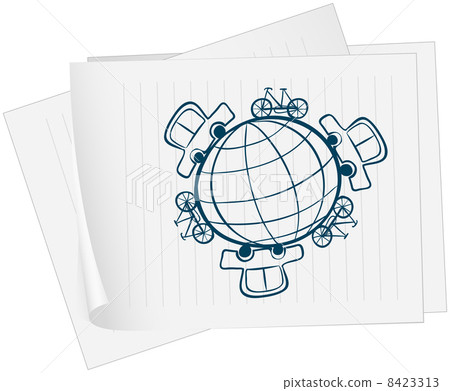 A paper with an image of a globe surrounded by vehicles A paper with an image of a globe surrounded by vehicles 8423313