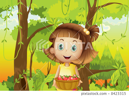 A young girl at the forest holding a basket of strawberries A young girl at the forest holding a basket of strawberries 8423315