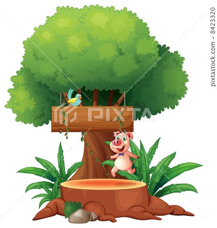 A pig and a bird under the big tree 8423320