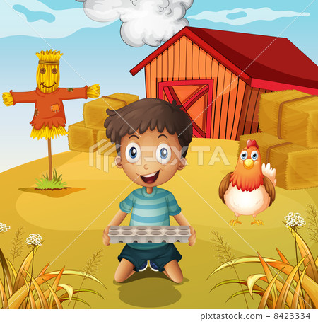 A boy holding an empty egg tray at the farm with a scarecrow 8423334