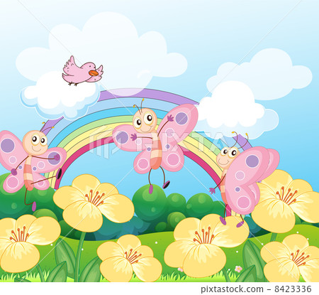 A garden with butterflies and a bird 8423336