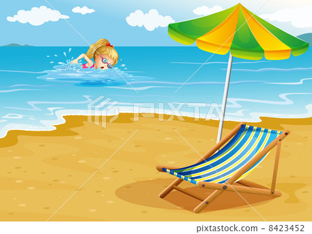 A girl swimming at the beach with a chair and an umbrella at the 8423452