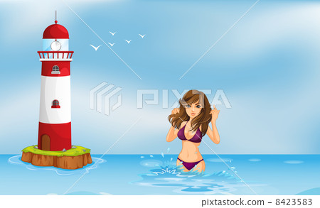 A girl wearing a bikini at the beach beside a tower A girl wearing a bikini at the beach beside a tower 8423583