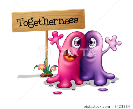 A pink and a purple monster beside a signboard A pink and a purple monster beside a signboard 8423584