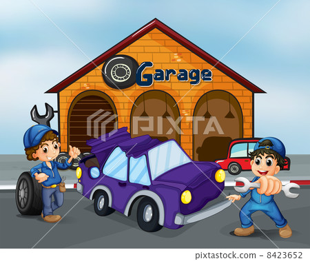 Two boys repairing the violet car Two boys repairing the violet car 8423652