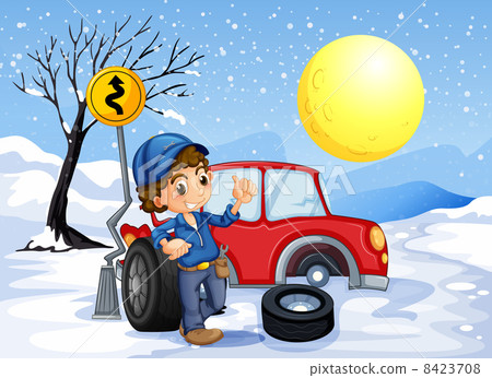 A boy repairing a car in a snowy area A boy repairing a car in a snowy area 8423708