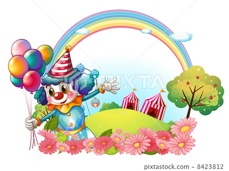 A female clown at the hill with a rainbow A female clown at the hill with a rainbow 8423812