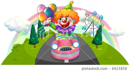 A happy clown riding in a pink car 8423850