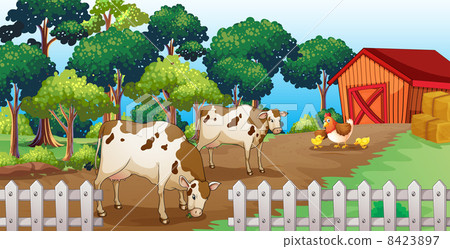 A farm with animals inside the fence A farm with animals inside the fence 8423897