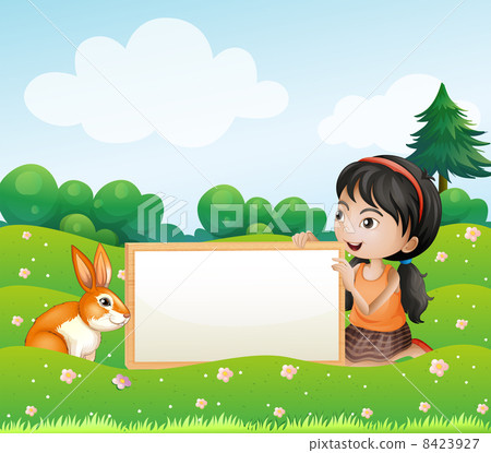 A girl holding an empty blank board with a rabbit 8423927