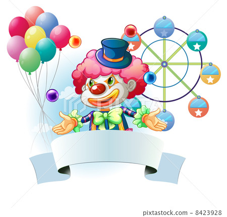 A clown with a signage and a ferris wheel and balloons at the ba A clown with a signage and a ferris wheel and balloons at the ba 8423928