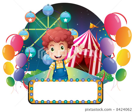 A boy with an empty signage in front of a carnival - Stock Illustration ...