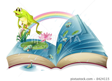 A storybook with a frog and fishes at the pond A storybook with a frog and fishes at the pond 8424115