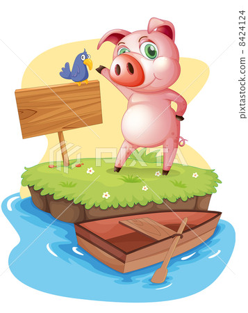 An island with a pig and a bird near an empty signage An island with a pig and a bird near an empty signage 8424124