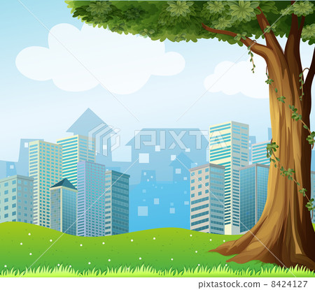 A giant tree with vine plants across the high buildings 8424127