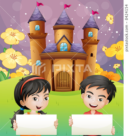 Two kids with empty signages standing in front of the castle Two kids with empty signages standing in front of the castle 8424154