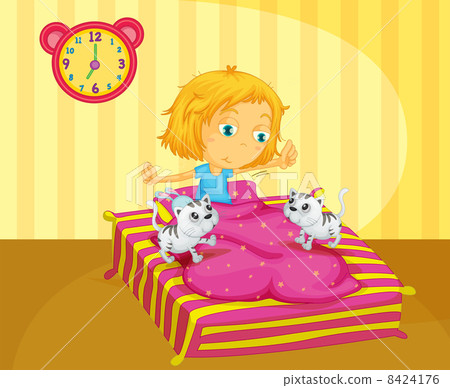 A girl waking up at the bed with two kittens 8424176