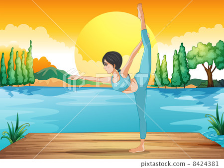 A girl performing yoga along the river in a sunset scenery 8424381