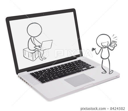 A laptop with an image of two boys playing different gadgets 8424382