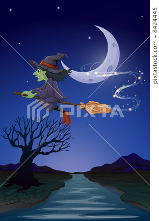 A witch travelling with her broomstick in the middle of the nigh A witch travelling with her broomstick in the middle of the nigh 8424445