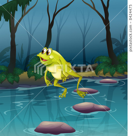 圖庫插圖: a frog jumping at the pond inside the forest