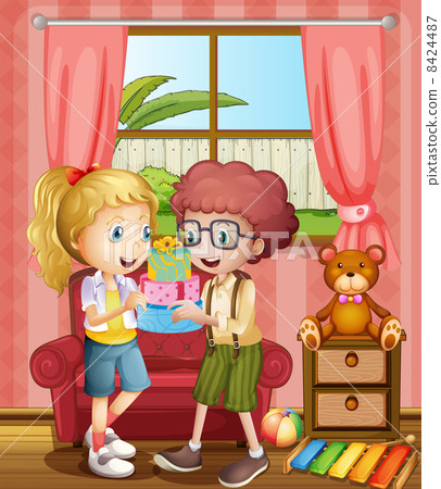 A boy and a girl holding gifts inside the house 8424487
