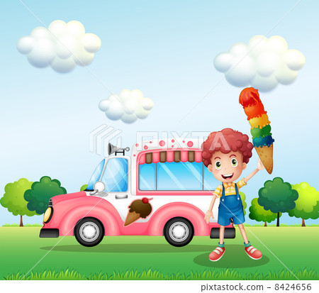 A boy holding a cone with multiple layers of ice cream 8424656