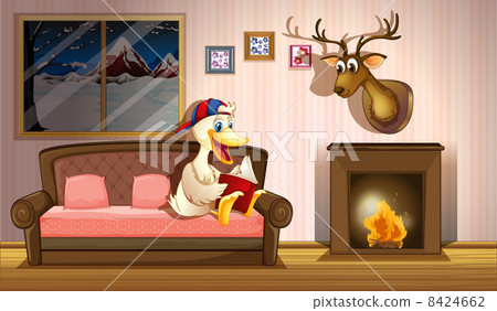 A duck reading a book beside a fireplace A duck reading a book beside a fireplace 8424662
