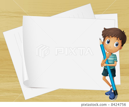 A kid holding a pencil beside the empty papers A kid holding a pencil beside the empty papers 8424756