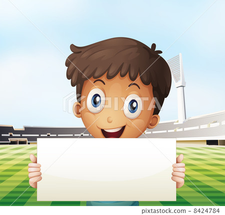 A smiling boy holding an empty signage at the... - Stock Illustration ...