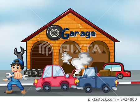 Two cars bumping in front of the garage 8424800