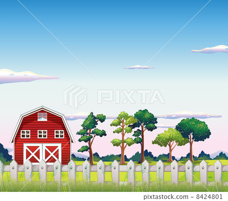 A red barnhouse inside the fence A red barnhouse inside the fence 8424801
