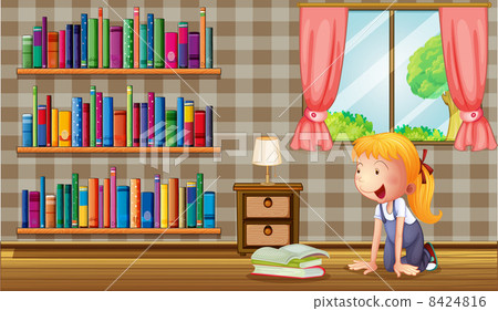 A girl inside the house with many books A girl inside the house with many books 8424816