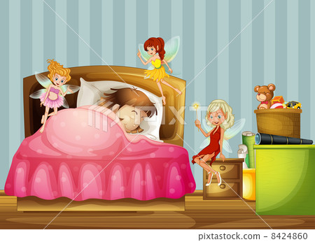 A young girl sleeping with fairies inside her room 8424860