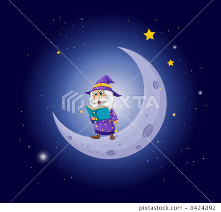 A wizard holding a book near the moon A wizard holding a book near the moon 8424892