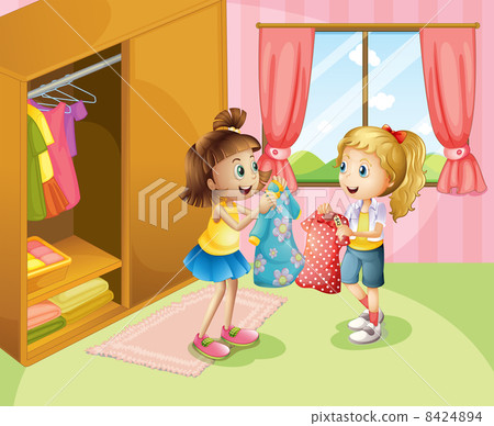 Two girls showing their clothes inside the house 8424894