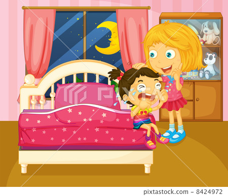 A little girl crying beside her sister inside the room 8424972