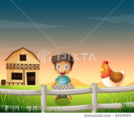 A boy holding an egg tray near the sleeping chicken A boy holding an egg tray near the sleeping chicken 8424993
