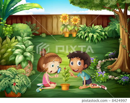 Two adorable kids studying the ladybug at the yard Two adorable kids studying the ladybug at the yard 8424997