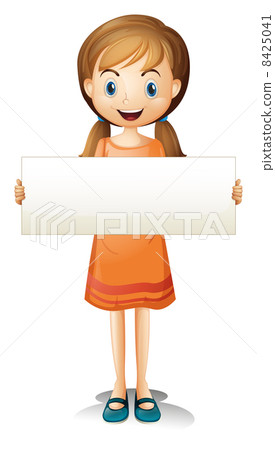 A girl with an orange dress holding an empty banner A girl with an orange dress holding an empty banner 8425041