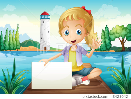 A girl sitting at the diving board holding an empty signage 8425042