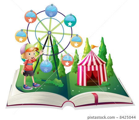 An open storybook with a carnival and a young boy An open storybook with a carnival and a young boy 8425044