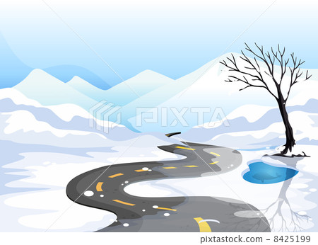 A long road at the snowy place going to the mountains A long road at the snowy place going to the mountains 8425199