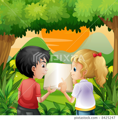 Kids discussing with a book at the forest Kids discussing with a book at the forest 8425247