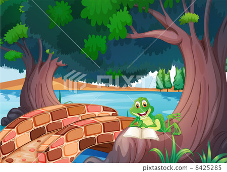 A frog reading under the tree beside a bridge 8425285
