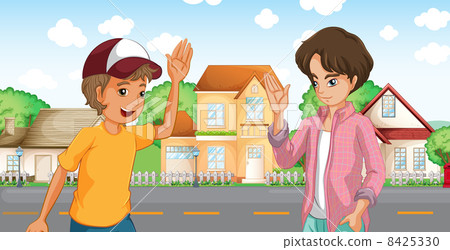 Two boys meeting across the big houses at the road 8425330
