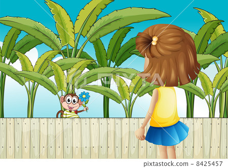 A girl and a monkey near the wooden fence A girl and a monkey near the wooden fence 8425457