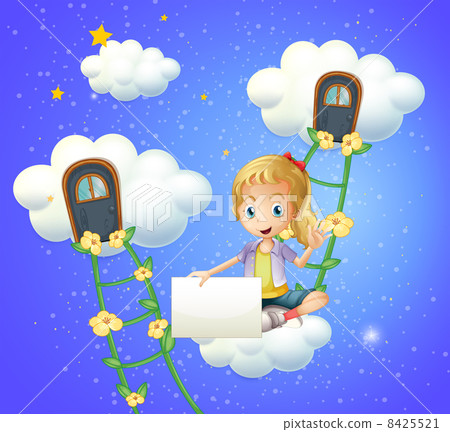 A girl sitting on a cloud holding an empty signage 8425521