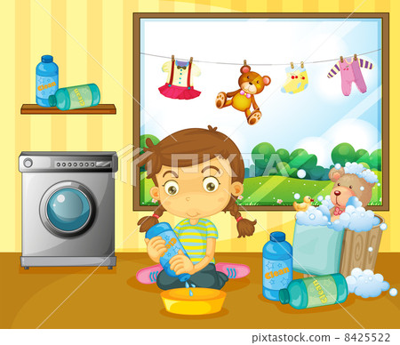 A girl washing her stuffed toys A girl washing her stuffed toys 8425522